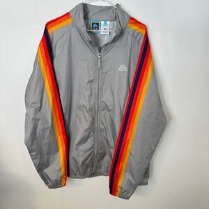 Aldi Windbreaker Jacket XL Gray Rainbow Stripe Full Zip Athletic Lightweight